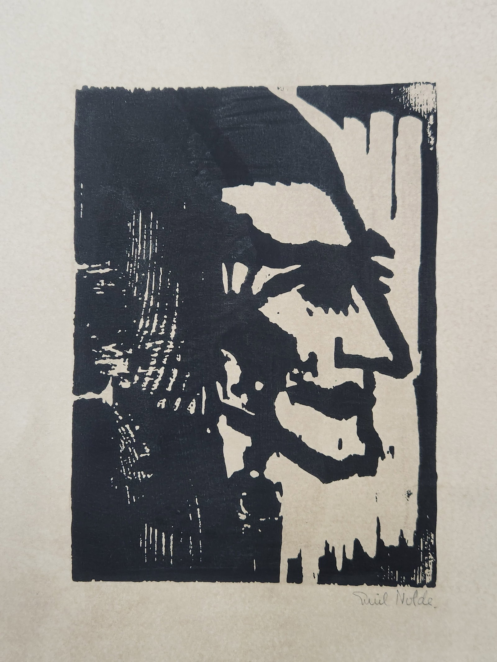 woodcut titled "Junger Mann" by German-Danish Expressionist artist Emil Nolde.: woodcut titled "Junger Mann" by German-Danish Expressionist artist Emil Nolde.Artist : Emil NoldeTitle: Junger MannDate estimated : 1917Technique: woodcut on paperSize: print area : 21.3cm x 15.4 cmSh