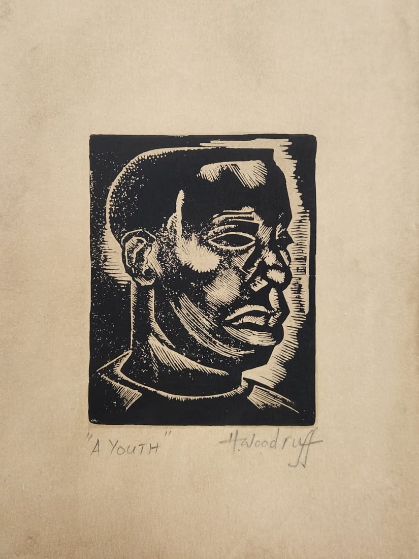 Linocut print on paper title A YOUTH by prominent american african artist Hale woodruff.: Linocut print on paper title A YOUTH by prominent american african artist Hale woodruff.Title: A YouthDate : estimated 1934Artist: HALE WOODRUFF Medium: Linocut on paperSize: Print area : 10.5 cm x 8.