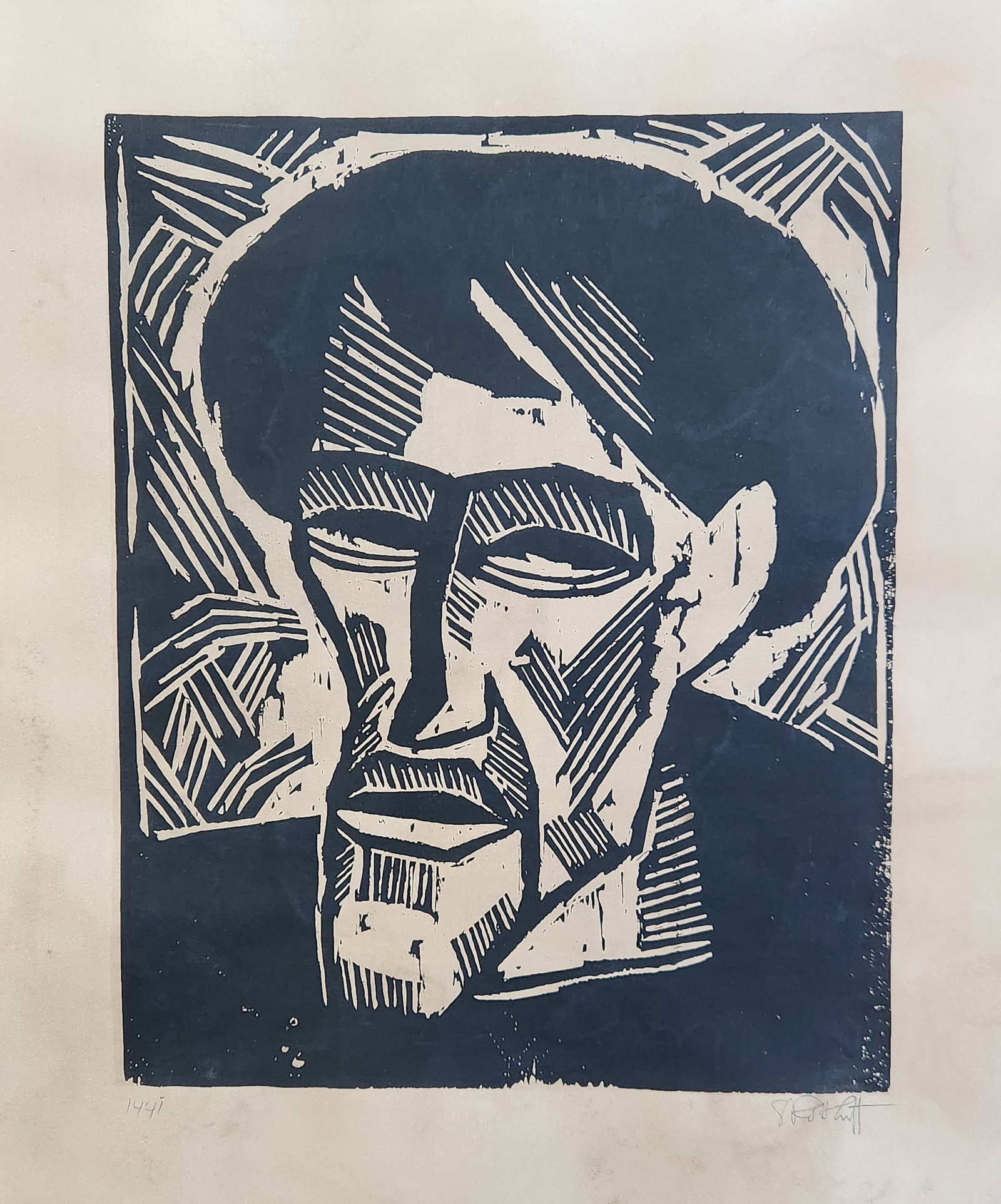 woodcut titled "BILDNIS O.M ( otto Mueller" by German Expressionist artist Karl Schmidt-Rottluff.: woodcut titled "BILDNIS O.M ( otto Mueller" by German Expressionist artist Karl Schmidt-Rottluff.Title: BILDNIS O.M ( otto MuellerDate: estimated 1914Technique: woodcut on paperSize: print size 36 cm