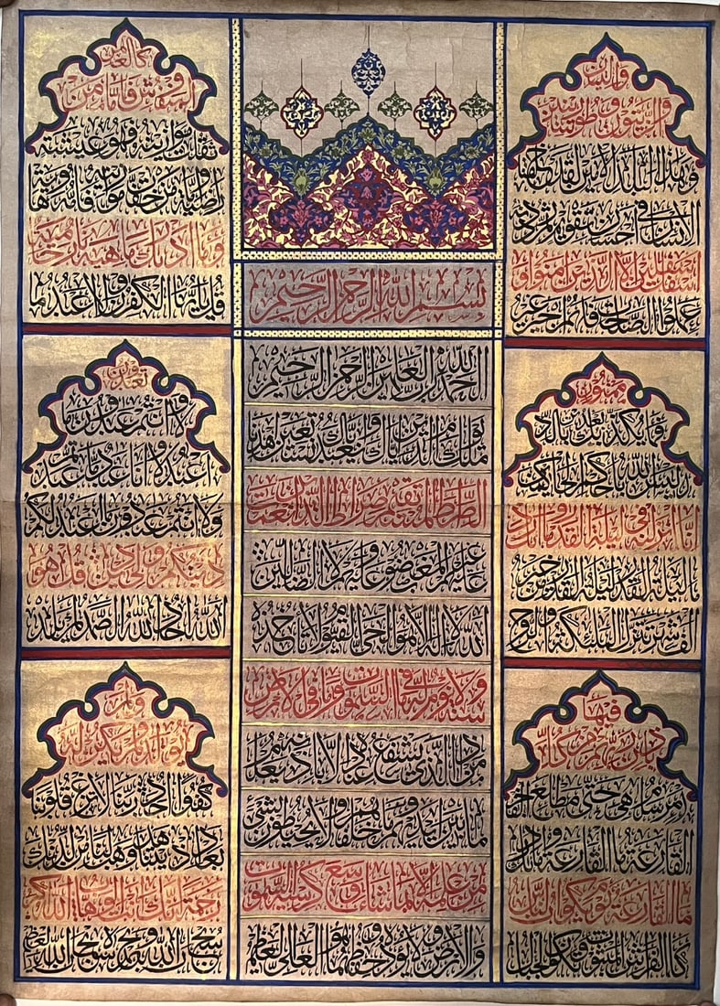 Antique ottoman Islamic handwritten calligraphy panel on paper inscribed with Quran verses, signed: Antique ottoman Islamic handwritten calligraphy panel on paper inscribed with Quran verses, signed by the calligrapherSize : 80cm x 60 cm