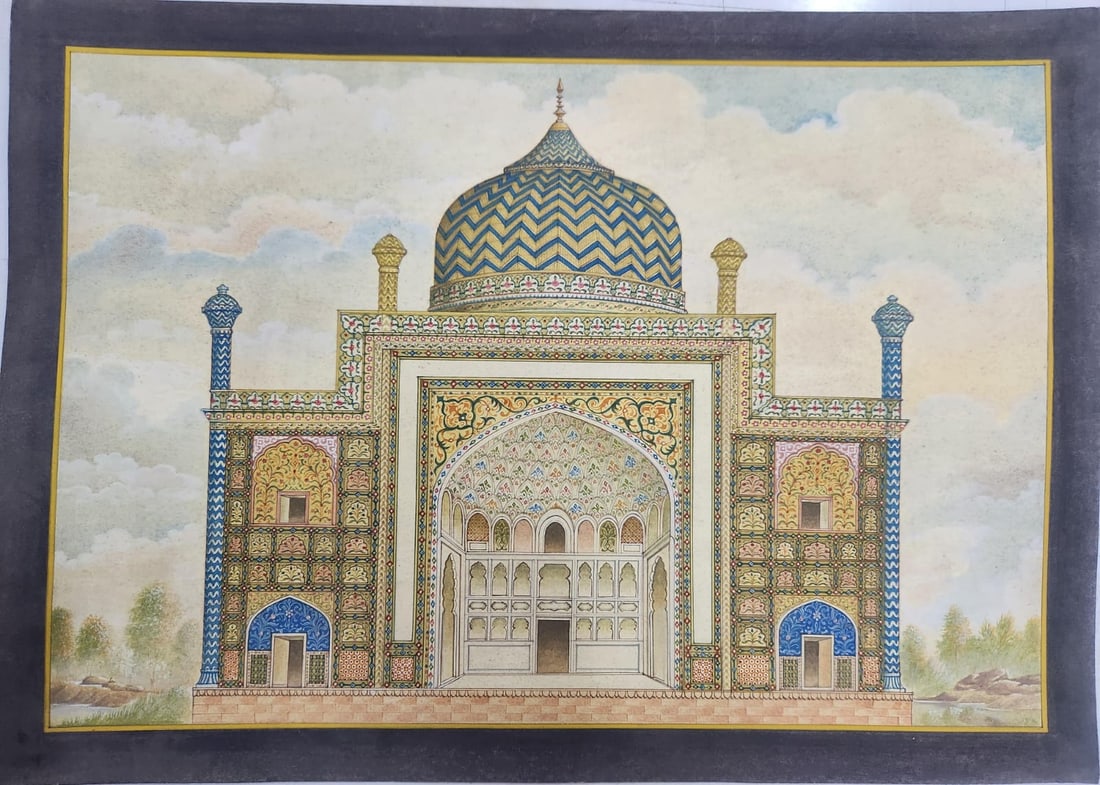Rare mughal miniature painting of Chini Ka Rauza, a funerary monument located in Agra.: Rare mughal miniature painting of Chini Ka Rauza, a funerary monument located in Agra.Size : 53cm x 38 cm.Note : Painting is available without frame