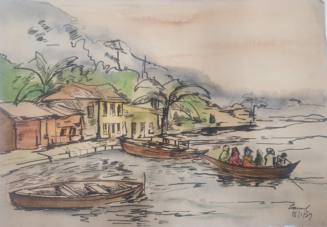 Rare Watercolour On Paper Painting By Prominent Artist Zainul Abedin .: Rare Watercolour On Paper Painting By Prominent Artist Zainul Abedin .Signed by the artistSize : 38.5 cm x 28 cm approxNote : painting is available without frame