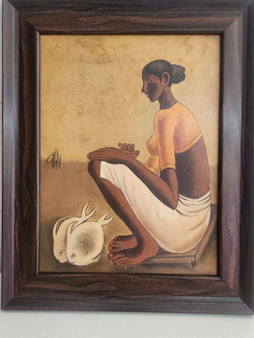 Oil on canvas Painting By Prominent indian Artist B prabha: Oil on canvas Painting By Prominent indian Artist B prabhaSigned by the artistTitle: Fisher woman Medium : oil on canvasSize : 40.5 cm x 30.5 cm .