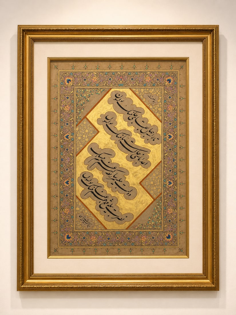 Persian qajar Handwritten Islamic calligraphy panel in Nastliq script , signed (1 of 3)