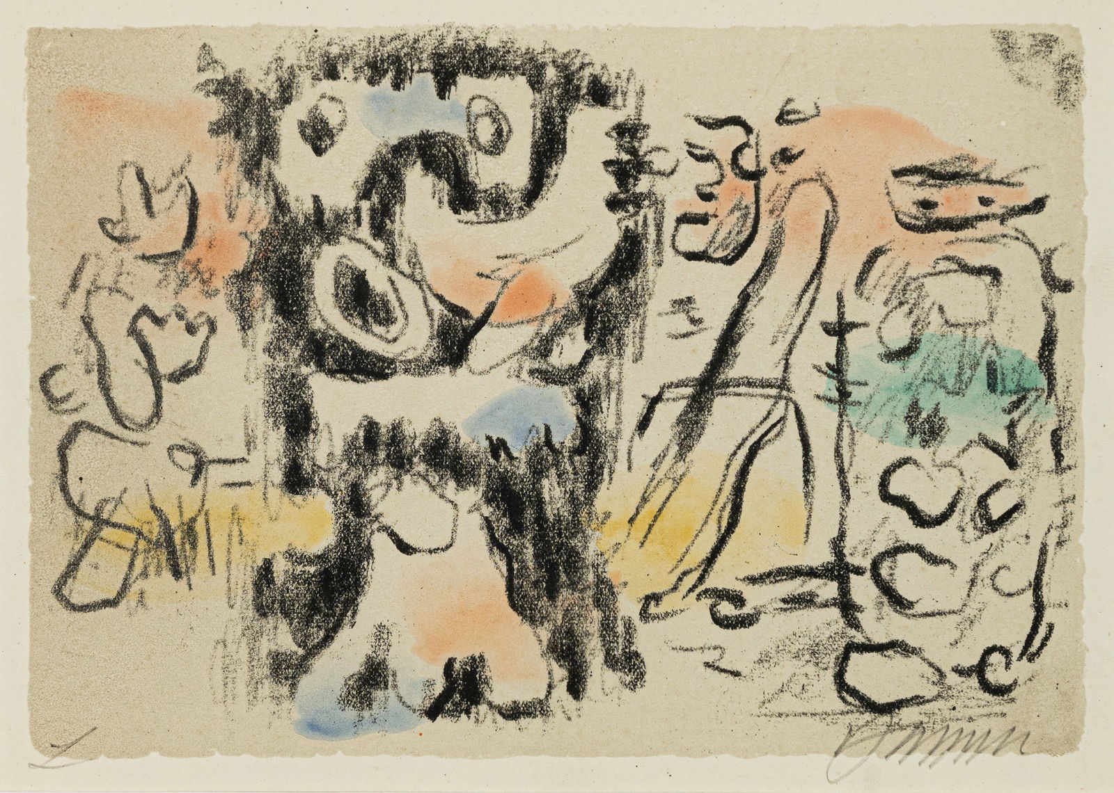 Baumeister, Willi: Baumeister, WilliStuttgart, 1889 - 195513,6 x 19,5 cm, R."Ohne Titel (Urzeitgestalten)", 1947. Lithograph with watercolour on strong paper from "Willi Baumeister - 8 Originallithos". Signed and marked