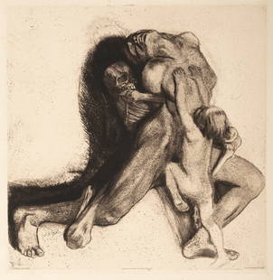 Kollwitz, Käthe: Kollwitz, KätheKönigsberg, 1867 - Moritzburg, 1945Blattgröße: 73 x 56 cm; 45 x 44,5 cm, o. R."Tod und Frau", 1910. Etching on cardboard.Klipstein, 103 VII. Knesebeck, VI