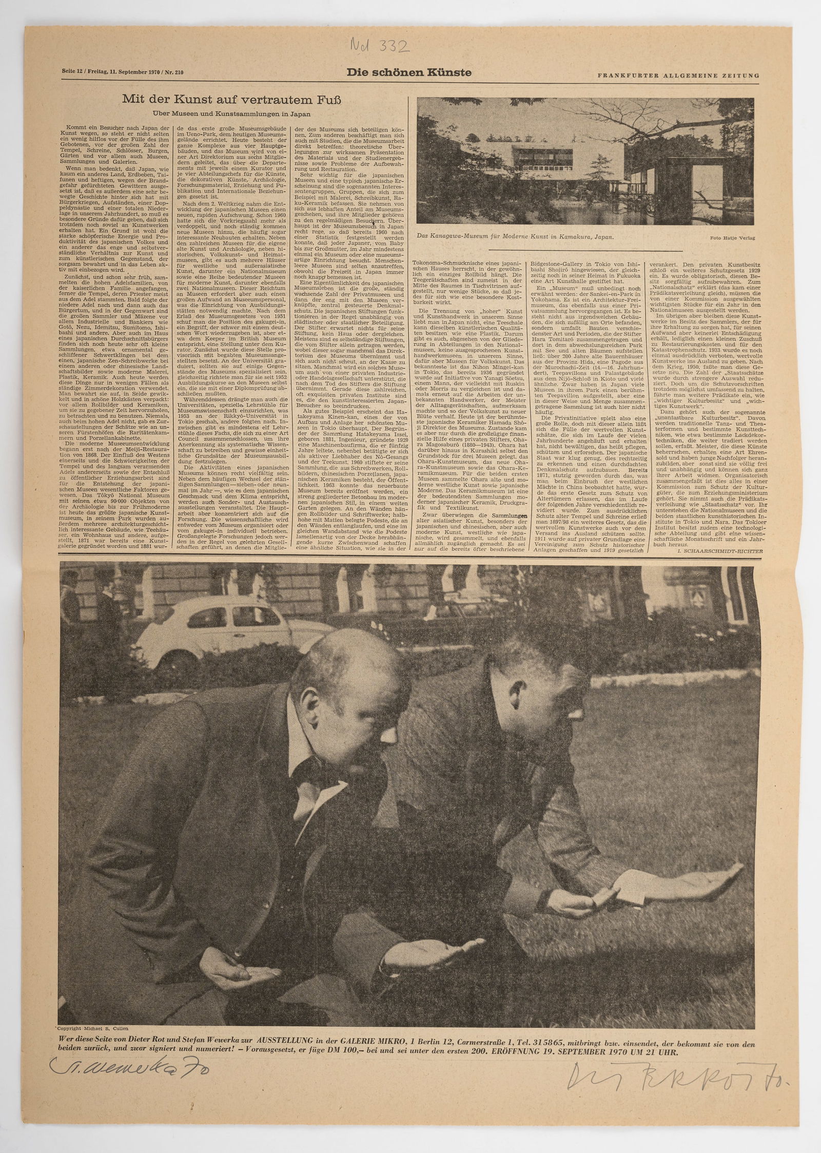 Roth, Dieter and Stefan Wewerka: Roth, Dieter and Stefan WewerkaHannover, 1930 - Basel, 1998; Magdeburg, 1928 - Berlin, 201357,5 x 39,5 cm, o. R."Frankfurter Allgemeine Zeitung", 1970. Box with offset lithograph on newsprint. Signed