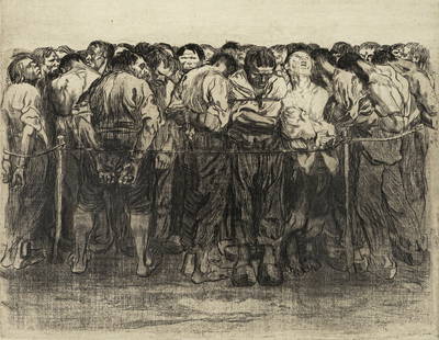 Kollwitz, Käthe: Kollwitz, KätheKönigsberg, 1867 - Moritzburg, 194532,4 x 42,2 cm, R."Die Gefangenen", 1908. Etching on wove paper from "Bauernkrieg".Klipstein. 98 VIII b. Knesebeck, 102 X b.Private