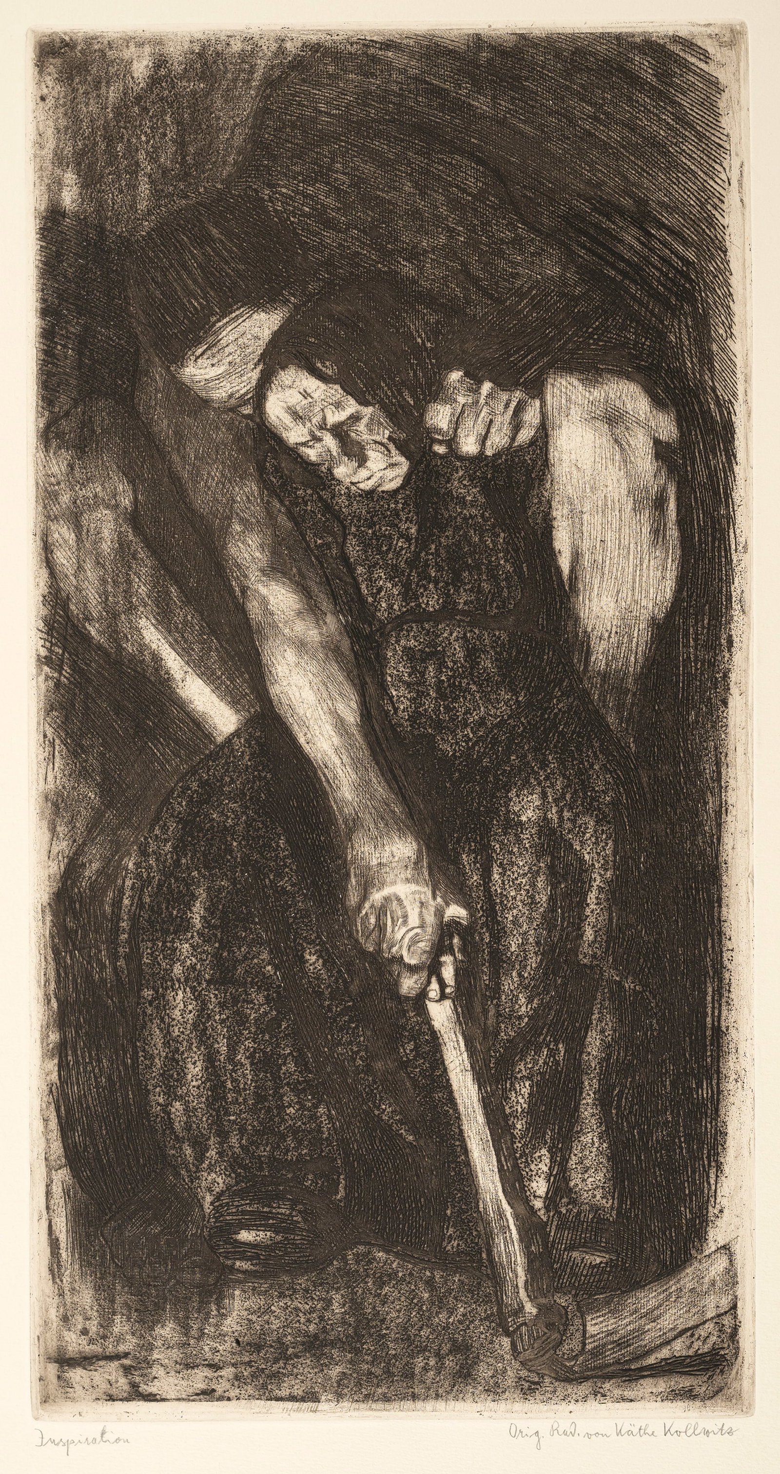 Kollwitz, Käthe: Kollwitz, KätheKönigsberg, 1867 - Moritzburg, 1945Blattgröße: 77 x 45,5 cm; 56,5 x 29,4 cm, o. R."Inspriration", 1905. Etching on copper printing paper. Marked "Orig. Rad. von K