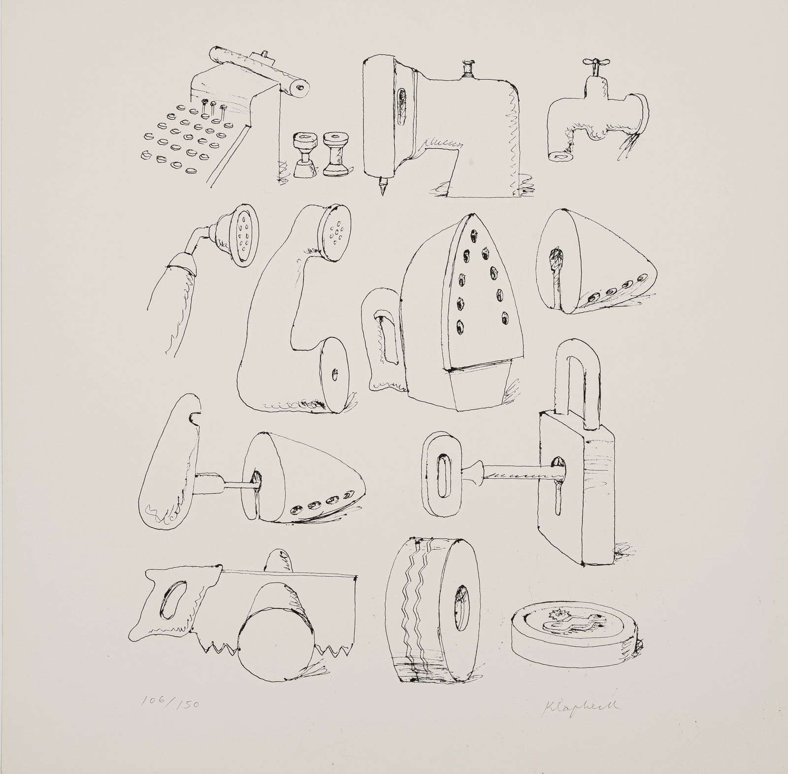 Klapheck, Konrad: Klapheck, KonradDüsseldorf, 1935Blattgröße: 40 x 40 cm, o. R."Meine Gegenstände". Offset lithograph on light cardboard. Signed and numbered 106/150.Private collection, Baden-Wü