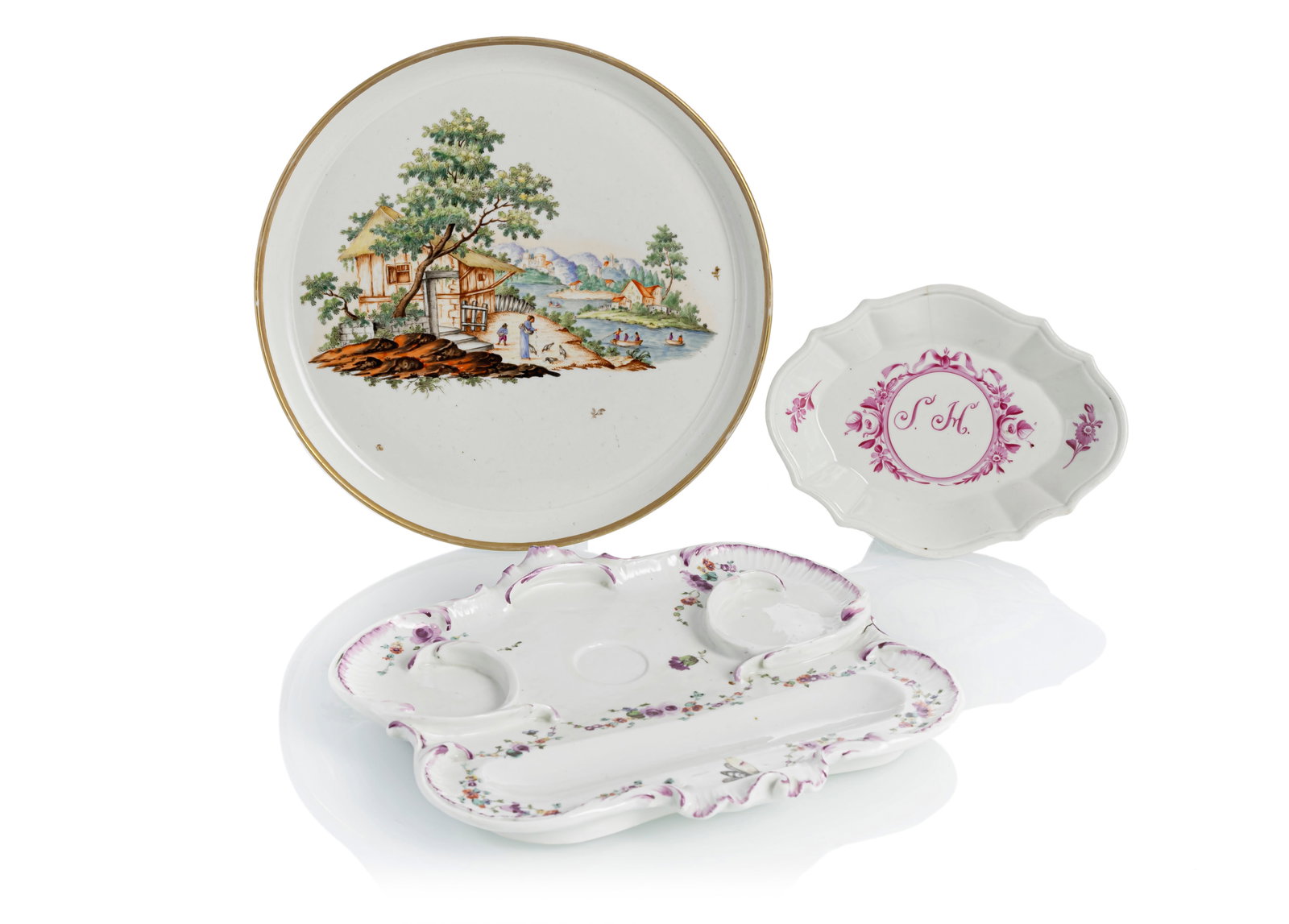 A ROUND PLATE, A SMALL DISH AND A TRAY FOR INKWELLS: A ROUND PLATE, A SMALL DISH AND A TRAY FOR INKWELLSLimbach, Closter Veilsdorf, Wallendorf, ca. 1770-1800D. 15/22, L. 22 cmLimbach landscape plate with cloverleaf mark in purple, small bowl with W mark