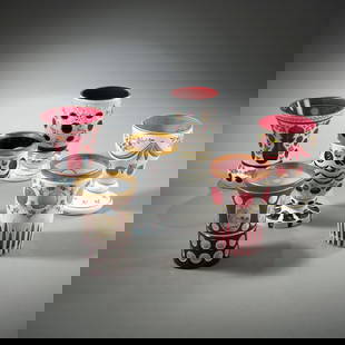 SIX ENAMEL PAINTED GLASSES: SIX ENAMEL PAINTED GLASSES19th/20th centuryH. 12,5/14 cmColourless glass, mostly white overlay and red glaze, floral pattern and landscapes. Minute chips.Sechs Gläser mit Überfangdekor und
