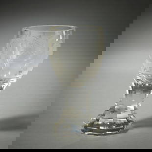 GLASS WITH MASONIC MOTIVES: GLASS WITH MASONIC MOTIVESprobably circa 1920iesH. 13,5 cmColourless cut glass. Minute chip to stand.Freimaurer-Klotzfuß-Glaswohl 1920er JahreH. 13,5 cmFarbloses Glas mit Mattschliffdekor von
