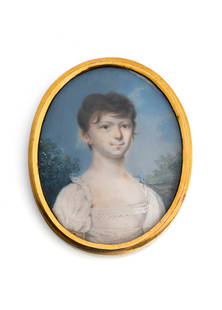 A PORTRAIT MINIATURE OF A GIRL IN A WHITE DRESS: A PORTRAIT MINIATURE OF A GIRL IN A WHITE DRESSearly 19th century6,8 x 5,4 cmGouache/ivory, brass frame. Slightly worn. Comes with sales permit for ivory items DE-K 231025-583 EXPORT NOT