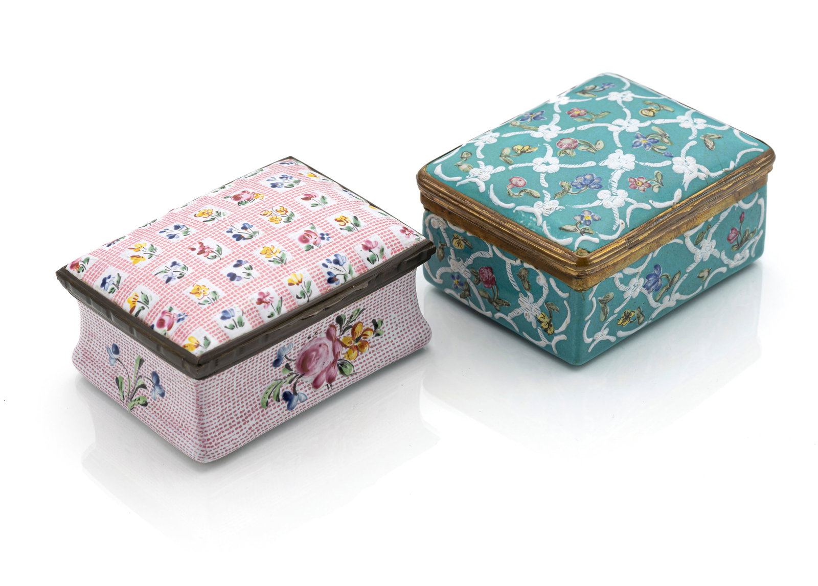 TWO ENGLISH METAL-MOUNTED FLORAL PAINTED ENAMEL SNUFF BOXES AND COVERS (1 of 4)