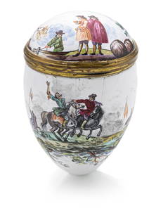 A BRASS MOUNTED EGG-SHAPED ENAMEL SNUFF BOX AND COVER WITH BATTLE SCENES: A BRASS MOUNTED EGG-SHAPED ENAMEL SNUFF BOX AND COVER WITH BATTLE SCENESprobably French, late 18th centuryH. 7,5 cmWith hairline cracks and older restoration to back and inside box.Emaille-Tabatiere