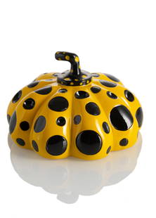 Kusama, Yayoi: Kusama, YayoiMatsumoto/Nagano, 19298,4 x 13 x 13,5 cm"Pumpkin", c. 2010. Coloured synthetic resin sculpture, in original box. Marked "Naoshima" on the underside and with copyright notice.Private prope