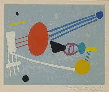 Ackermann, Max: Ackermann, MaxBerlin, 1887 - Unterlengenhardt, 197529 x 33,5 cm, R."Mit rotem Oval - Freie Formen auf hellblau", 1970. Silkscreen on cardboard. Signed, dated and with dedication in pencil lower right.