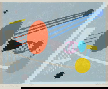 Ackermann, Max: Ackermann, MaxBerlin, 1887 - Unterlengenhardt, 197529 x 36,4 cm, R."Mit rotem Oval (Freie Formen vor hellblau)", 1970. Silkscreen print on cardbard. Signed, dated "1950-70" and numbered 86/100. Bayer/