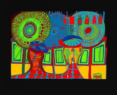 Hundertwasser, Friedensreich: Hundertwasser, FriedensreichWien, 1928 - Kreuzfahrtschiff Queen Elizabeth II, vor Neuseeland, 2000Blattgr&#246;&#223;e: 60,8 x 75 cm, o. R."Ein Regentag mit Walter Kampmann". Silkscreen print after a