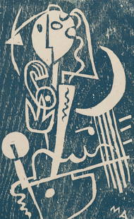 Ackermann, Max: Ackermann, MaxBerlin, 1887 - Unterlengenhardt, 1975Blattgröße: 26 x 21 cm, o. R.Figurative composition, 1948. Woodcut on Japanese paper. Signed, dated, numbered 12/30 and monogrammed.Studio