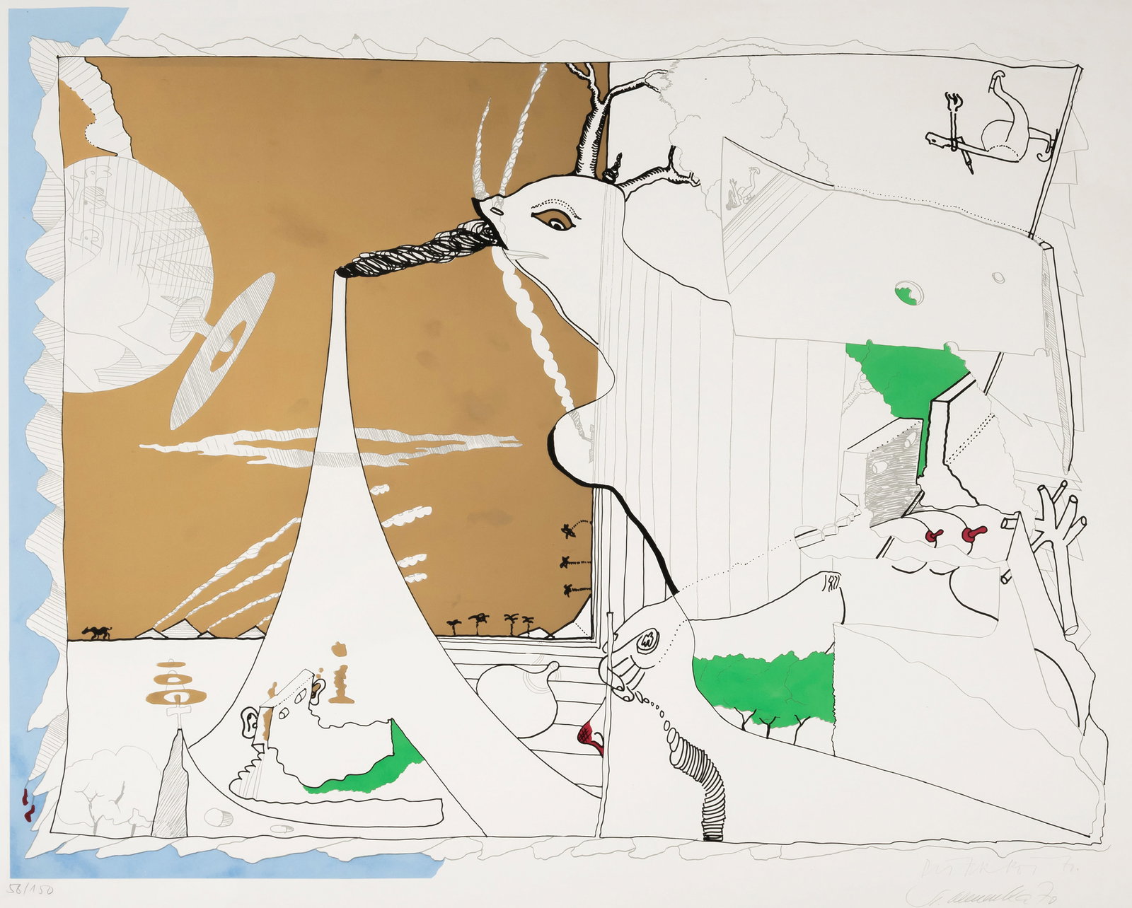 Roth, Dieter and Stefan Wewerka: Roth, Dieter and Stefan WewerkaHannover, 1930 - Basel, 1998; Magdeburg, 1928 - Berlin, 2013Blattgröße: 65 x 80 cm, o. R."Vogellandschaft", 1970. Silkscreen print on light cardboard. Signed a