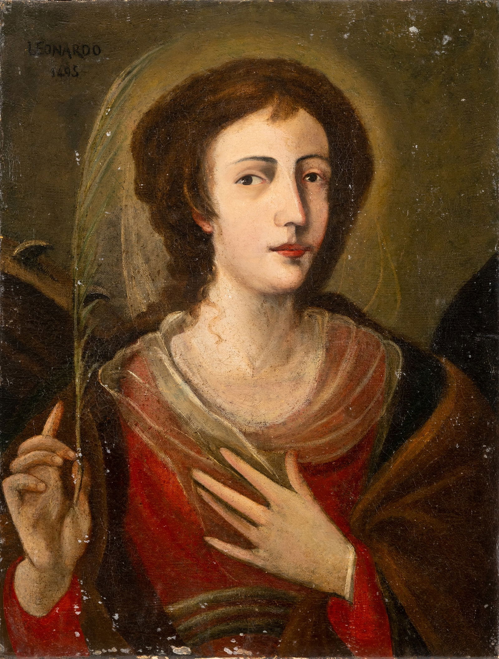 Southern German School: Southern German School18th ct.64 x 49 cmSaint Catherine. Oil/canvas, relined. Traces due to age, rest.Süddeutsche Schule18. Jhdt.64 x 49 cmDie Heilige Katharina. Öl/Lwd., doubl. Alterssch.,