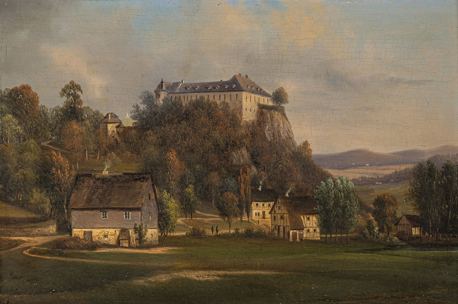 German School: German School19/20th ct.22 x 33 cmExtensive landscape with a castle on a hill. Oil/panel.Deutsche Schule19./20. Jhdt.22 x 33 cmWeite Landschaft mit Schloß auf einer Anhöhe. Öl/Holz.