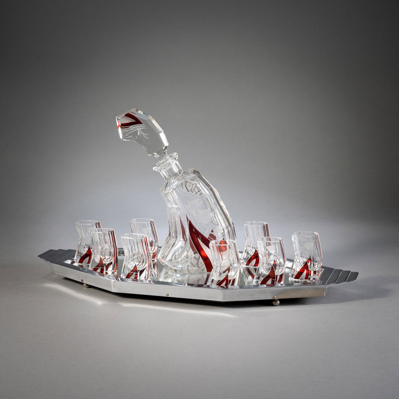 A LIQUEUR CARAFE AND EIGHT GLASSES ON A TRAY (1 of 4)