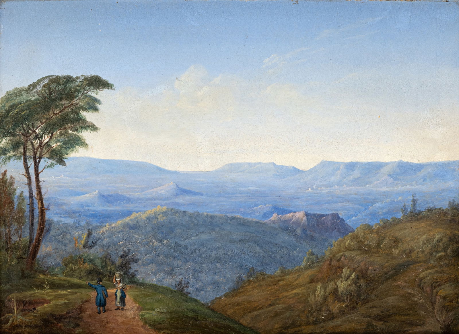 German School: German School19th ct.30 x 40 cmA peasant couple beyond an extensive landscape. Oil/metal.Deutsche Schule19. Jhdt.30 x 40 cmBäuerliches Paar vor weiter Landschaft. ÖL/Metall.