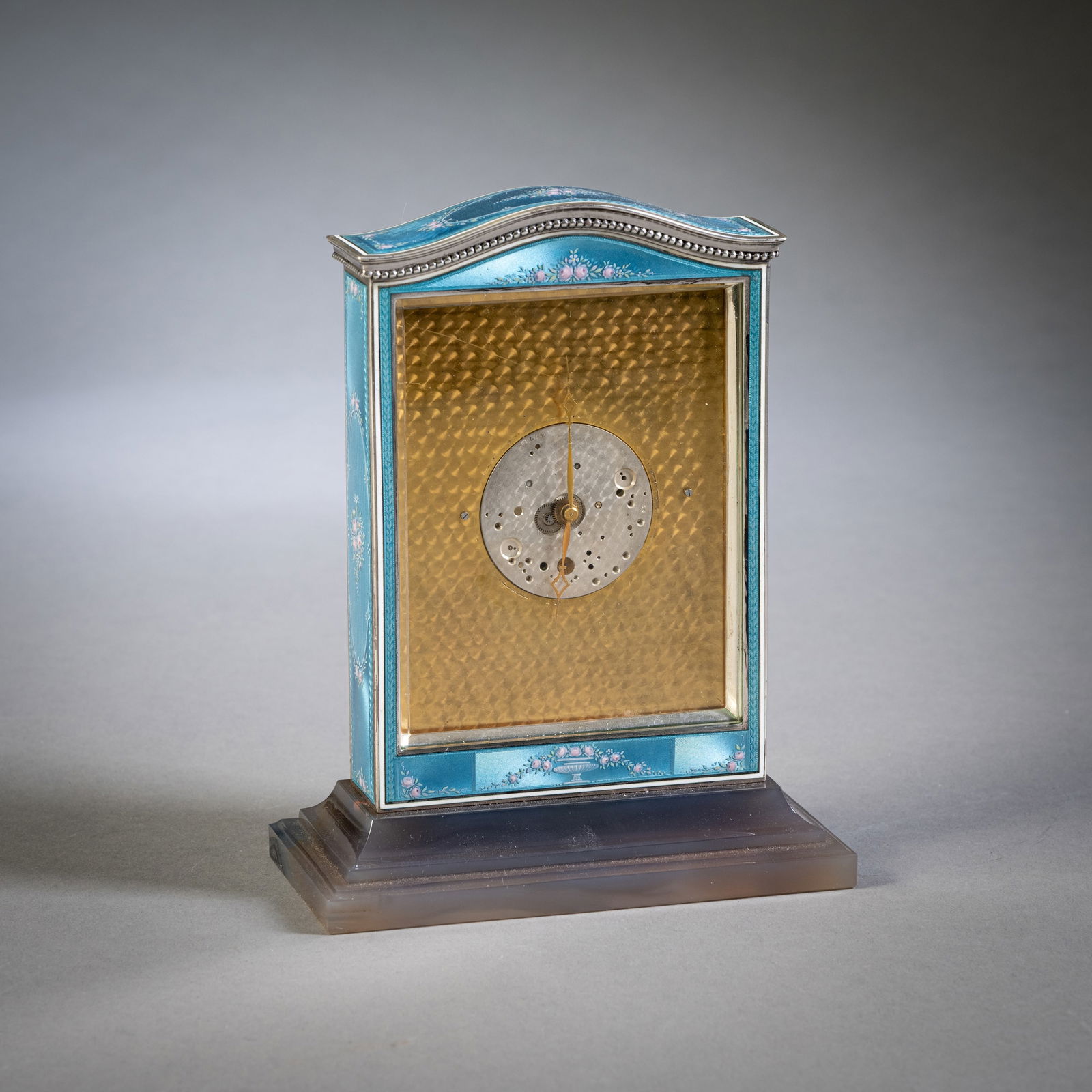 A SWISS SILVER AND ENAMEL TABLE CLOCK (1 of 5)