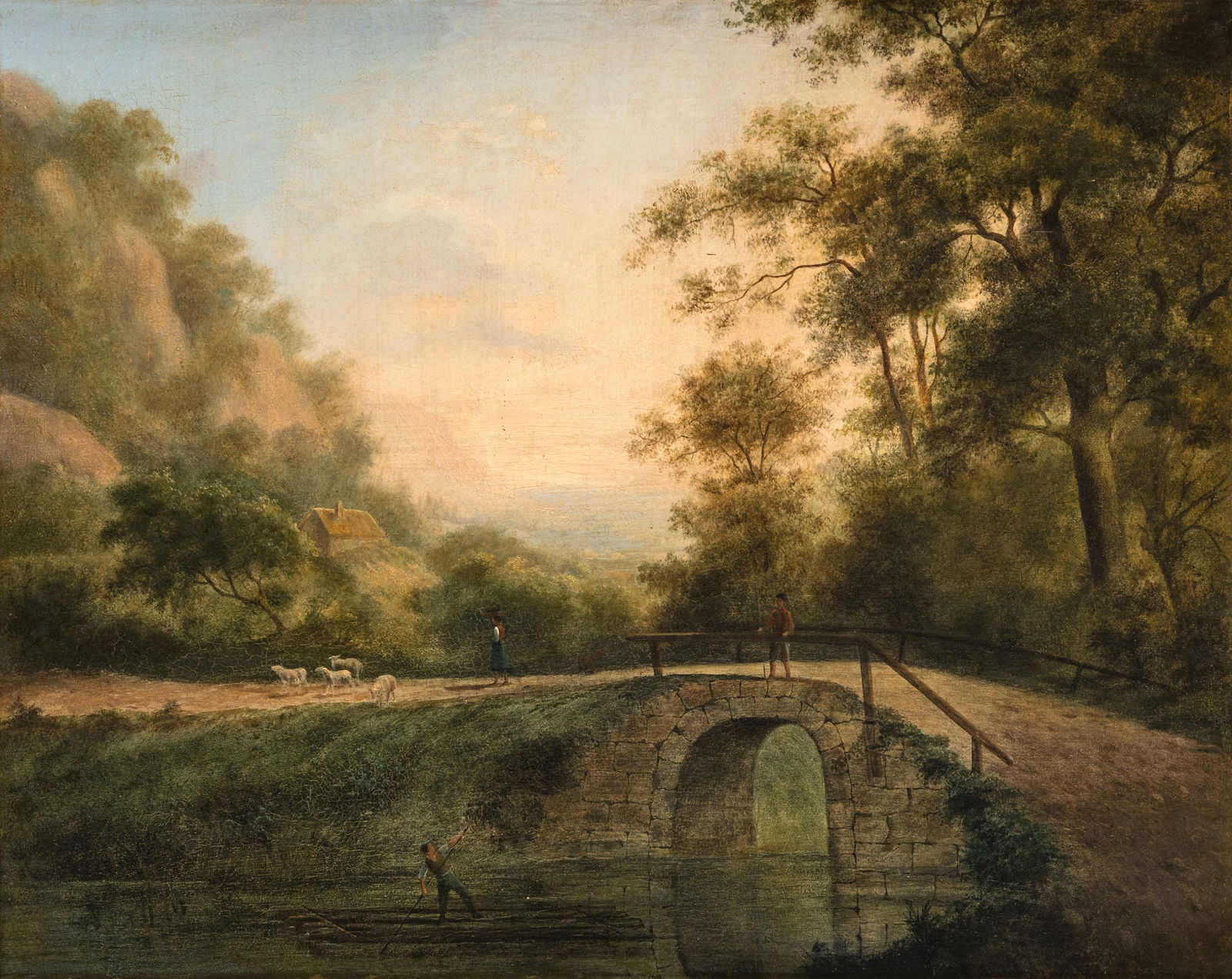 German School: German School19th ct.52 x 64 cmExtensive landscape with a river bridge. Oil/canvas, relined. Traces due to age, rest.Deutsche Schule19. Jhdt.52 x 64 cmWeite Landschaft mit Flussbrücke. Öl/Lw