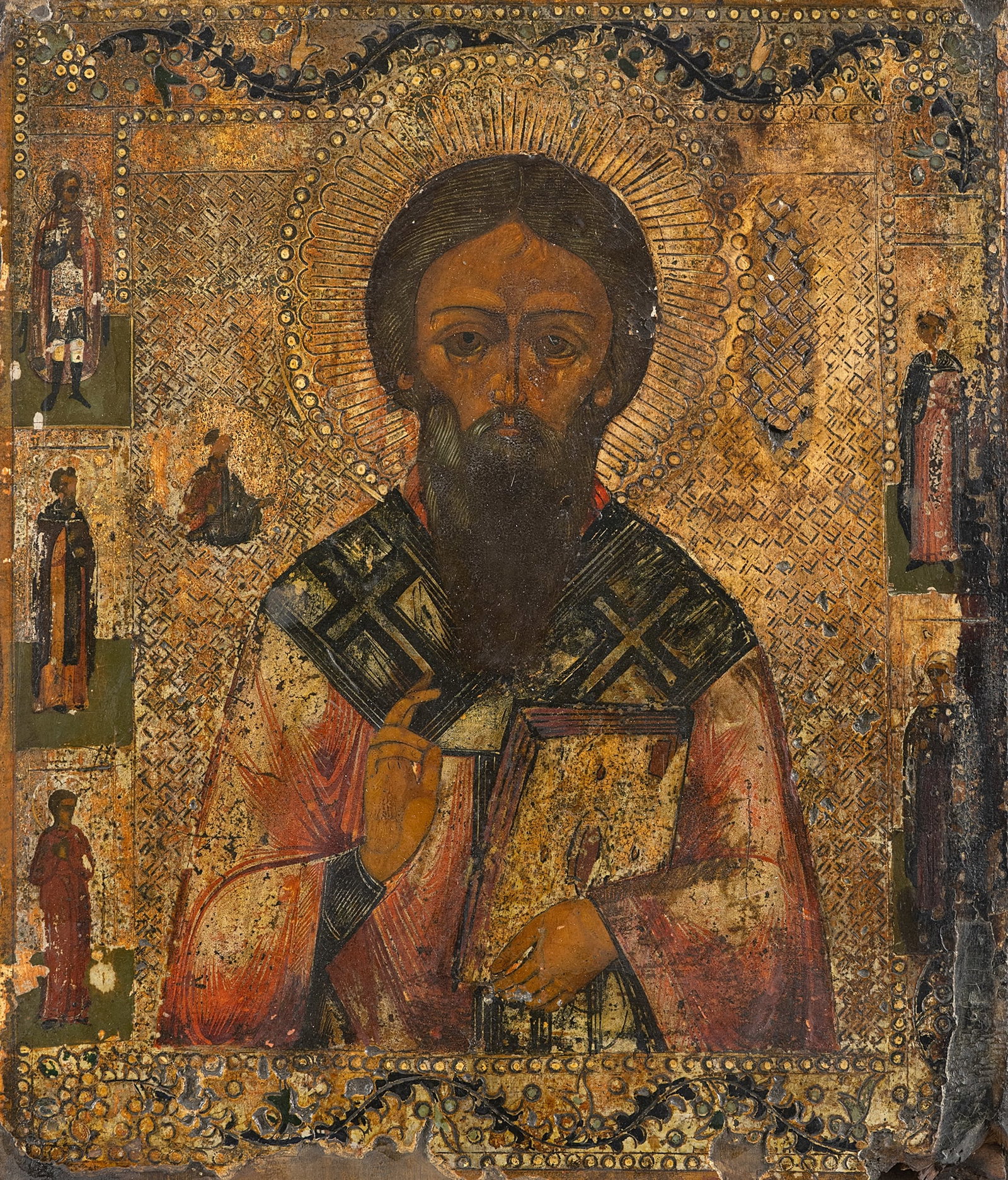 Saint Nicholas: Saint NicholasRussia, 19/20th ct.31 x 26,5 cmSaint Nicholas blessing with the Scripture in his left hand. Traces due to age, rest. Heiliger NikolausRussland, 19./20. Jhdt.31 x 26,5 cmFrontale Darstell