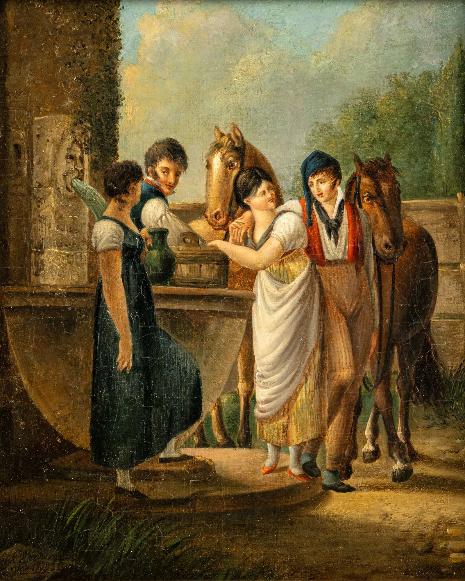 German School: German School1st half of 19th ct.32 x 25 cm/ 44,5 x 39,3 cmGenre scene at a fountain. Oil/canvas, relined. Traces due to age, rest.Deutsche Schule1. Hälfte 19. Jhdt.32 x 25 cm/ 44,5 x 39,3 cmGenr