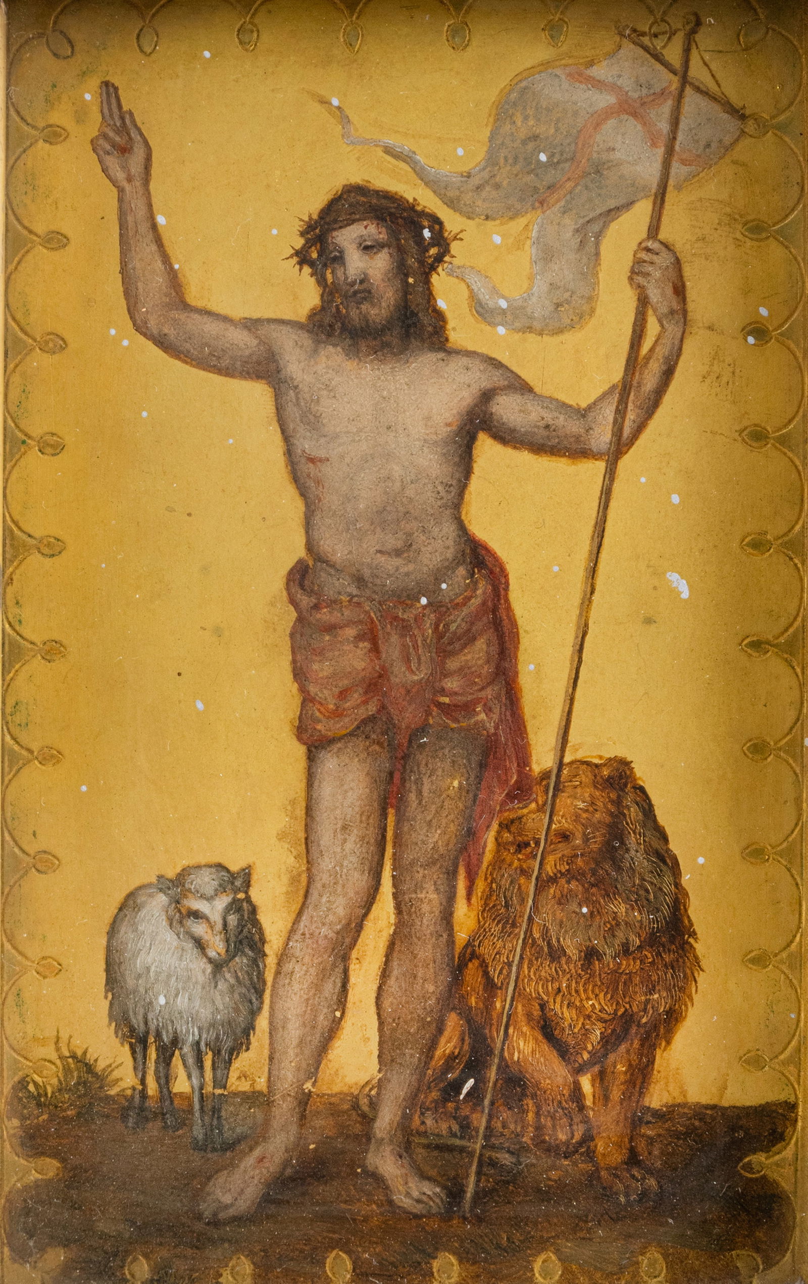 German School (?): German School (?)19th ct.H. 24,5/24,5 cm R.The Virgin in a Vine Arbour. The Risen Christ. A pair. Oil/metal.Deutsche Schule (?)19. Jhdt.H. 24,5/24,5 cm R.Maria in einer Weinlaube. Der auferstandene Ch