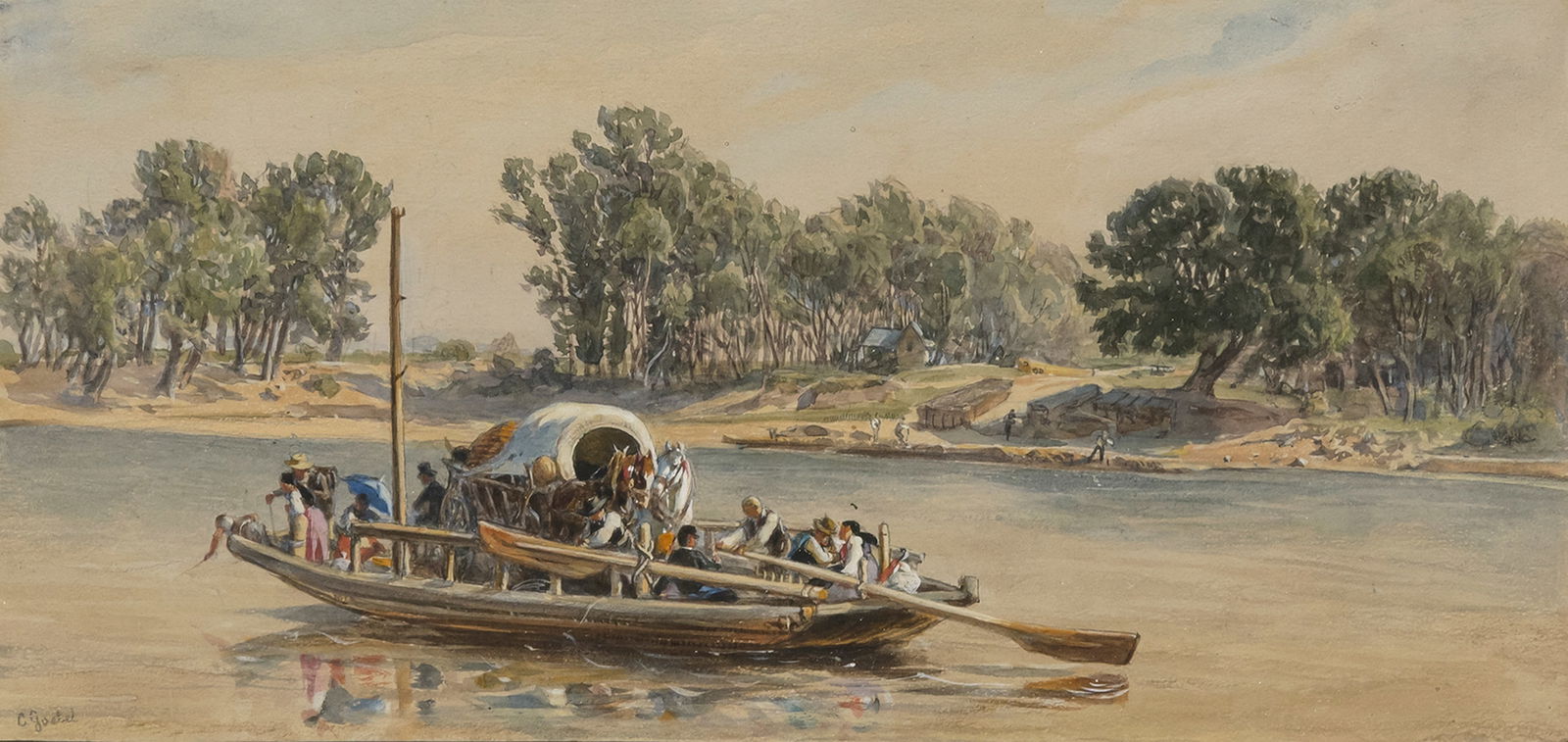 Goebel, Carl: Goebel, Carl1824 - 189934,5 x 16 cm"Überfahrt bei Nußdorf/Wien". Watercolour and pencil, heightened white/paper, signed, verso titled.Goebel, Carl1824 - 189934,5 x 16 cm"Überfahrt bei N