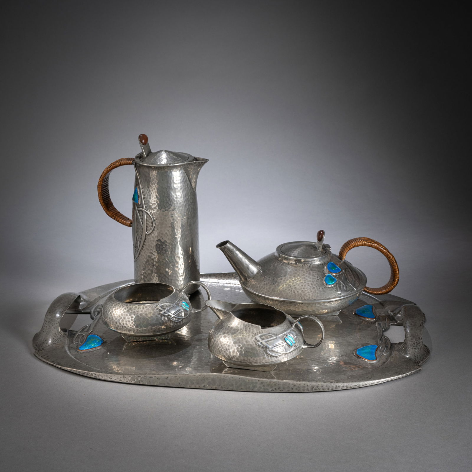 A TUDRIC PEWTER LIBERTY COFFEE AND TEA SET AND TRAY (1 of 3)