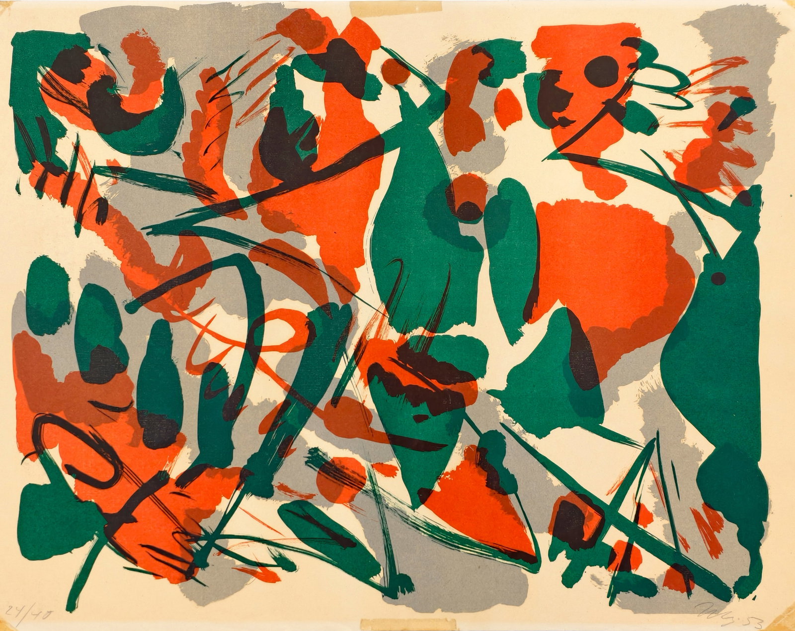 Nay, Ernst Wilhelm: Nay, Ernst Wilhelm Berlin, 1902 - Köln, 1968 Blattgröße: 50 x 65,5 cm, o. R. "Algraphie 1953 - 1", 1953. Colour lithograph on machine-made paper. Signed and dated in pencil lower right