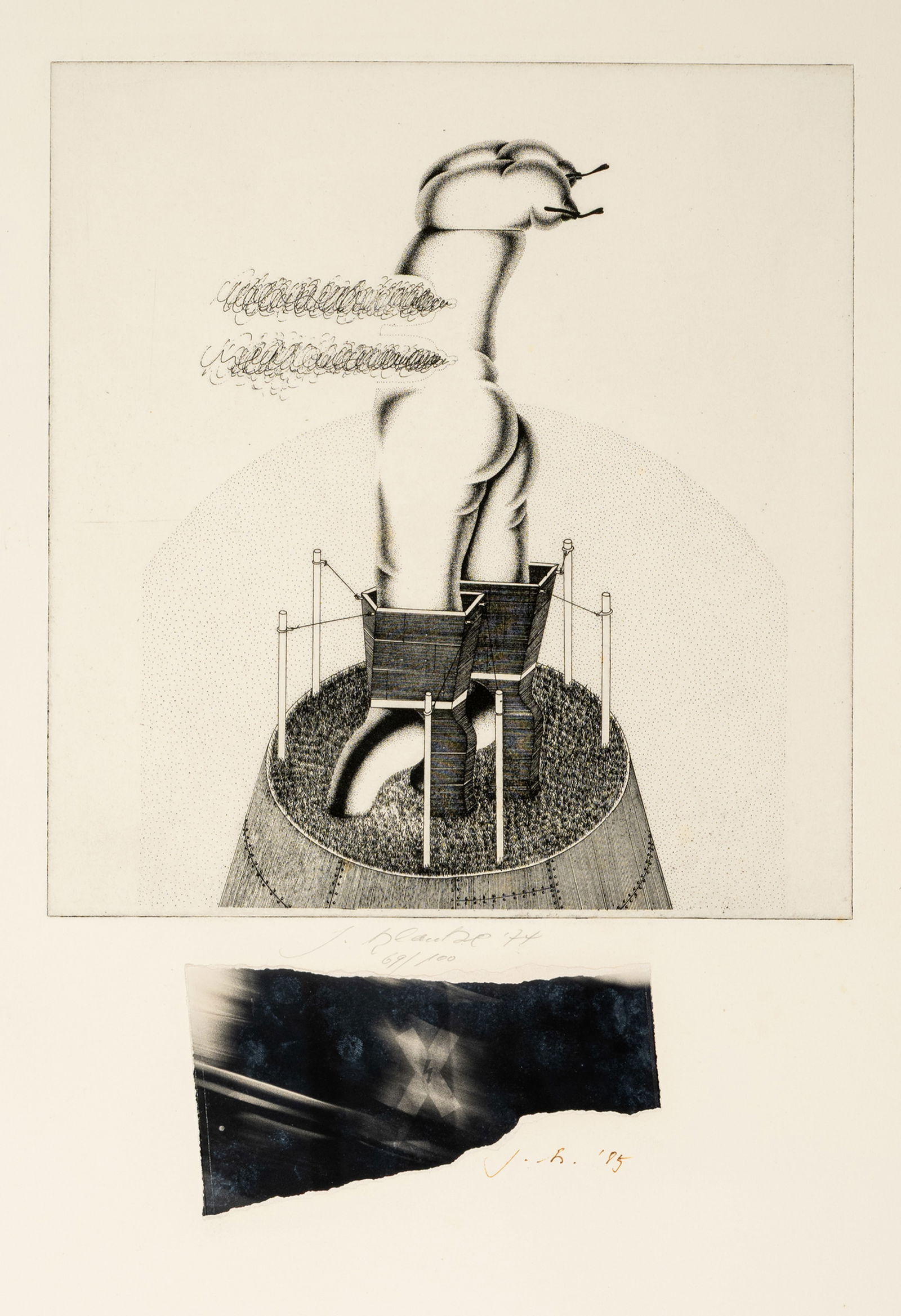 Klauke, Jürgen: Klauke, Jürgen Kliding, 1943 Blattgröße: 78 x 59 cm, o. R. Untitled, 1974/1985. Etching with collage on wove paper. Signed, dated and numbered 69/100. Collection,