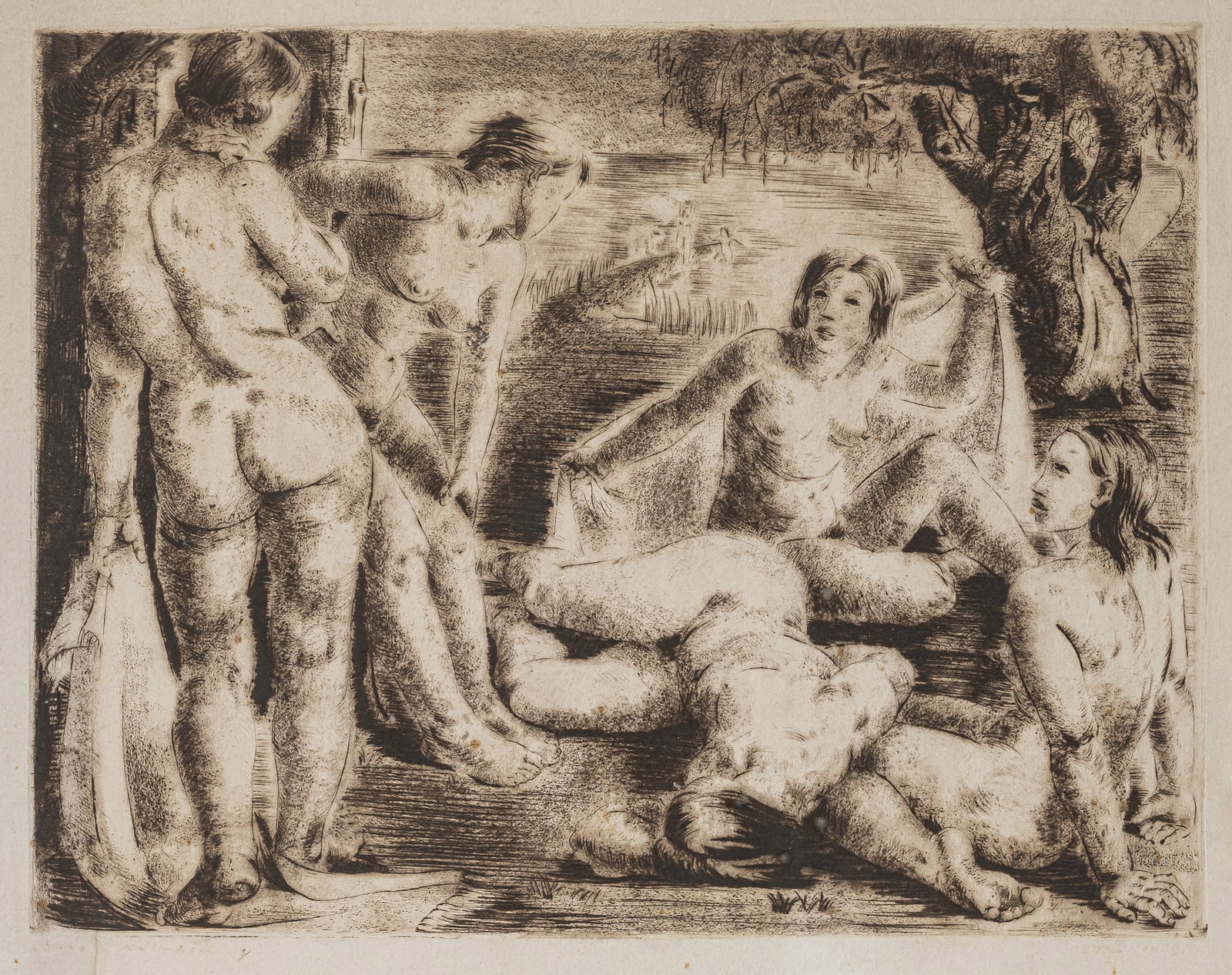 Unknown: Unknown 37,5 x 47,5 cm, R. Nudes in landscape. Etching on wove paper. Illegibly signed. Private property, Baden-Württemberg.Unbekannt 37,5 x 47,5 cm, R. Akte in Landschaft. Radierung auf