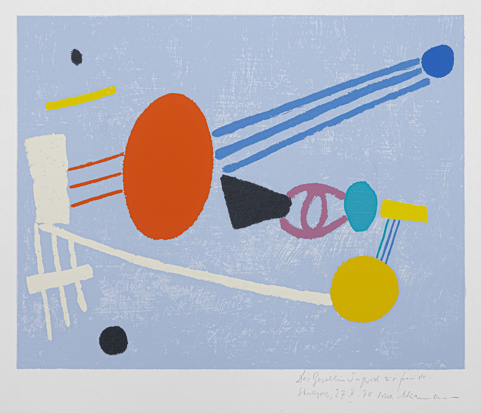 Ackermann, Max: Ackermann, Max Berlin, 1887 - Unterlengenhardt, 1975 Blattgröße: 43,5 x 61 cm; 29 x 36,5 cm, o. R. "Mit rotem Oval - Freie Formen vor hellblau", 1970. Silkscreen print on cardboard. Signed,