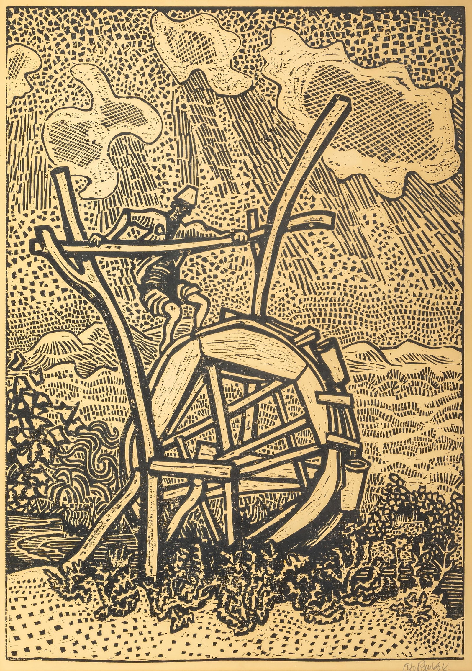 Pankok, Otto: Pankok, Otto Mühlheim/Ruhr, 1993 - Wesel, 1966 95 x 67 cm, R. "Schöpfrad", 1954. Woodcut on wove paper. Signed in pencil lower right. 1 of 21 copies. Zimmermann, WH 452. Corporate
