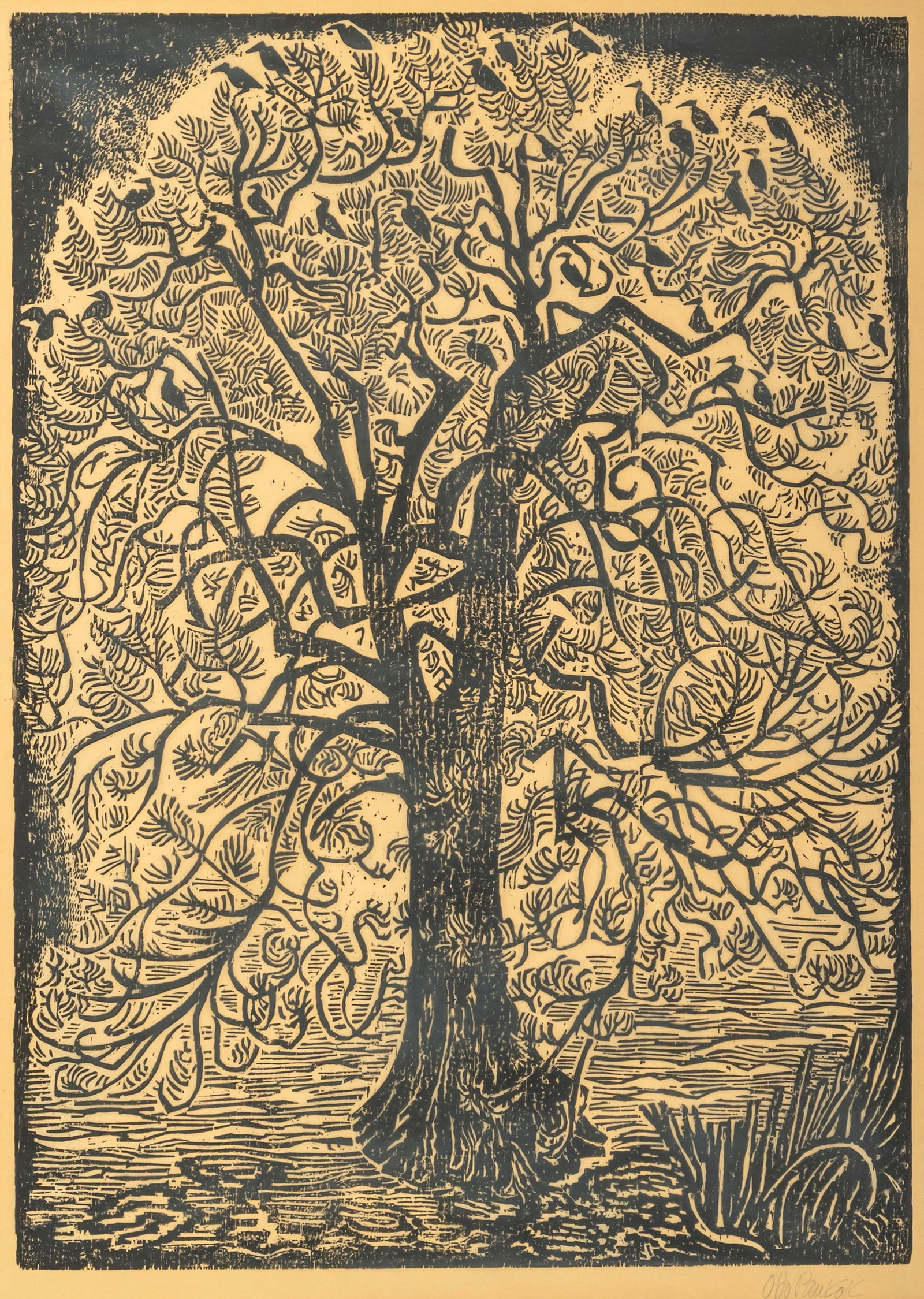 Pankok, Otto: Pankok, Otto Mühlheim/Ruhr, 1993 - Wesel, 1966 80 x 57,5 cm, R. "Lindenbaum", 1959. Woodcut on Japanese paper. Signed in pencil lower right. 1 of 9 copies. Zimmermann, WH 569. Corporate collectio