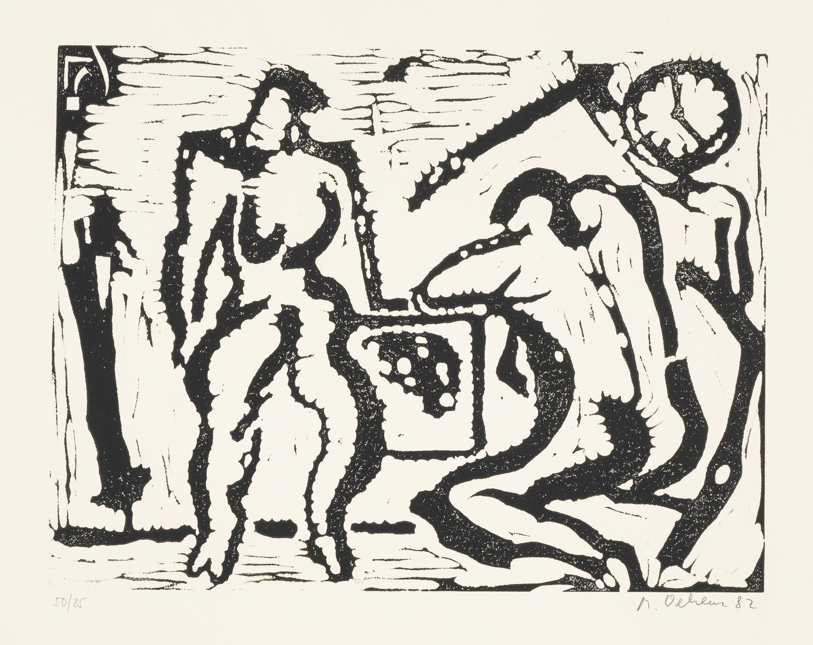 Oehlen, Markus: Oehlen, Markus Krefeld, 1956 Blattgröße: 49,5 x 65 cm; 30 x 40 cm, o. R. Untitled, 1982. Woodcut on paper from "13 Künstler aus Deutschland". Signed, dated and numbered 50/85.