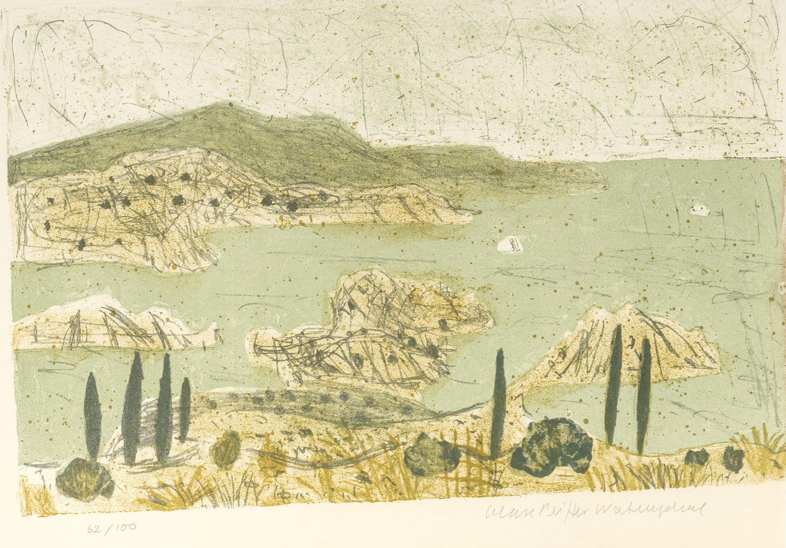 Peiffer Watenphul, Max: Peiffer Watenphul, Max Weferlingen, 1896 - Rom, 1976 28 x 42,5 cm, R. "Inselblick", 1967. Lithograph on wove paper from "Griechenlandmappe". Signed and numbered 62/100. Watenphul