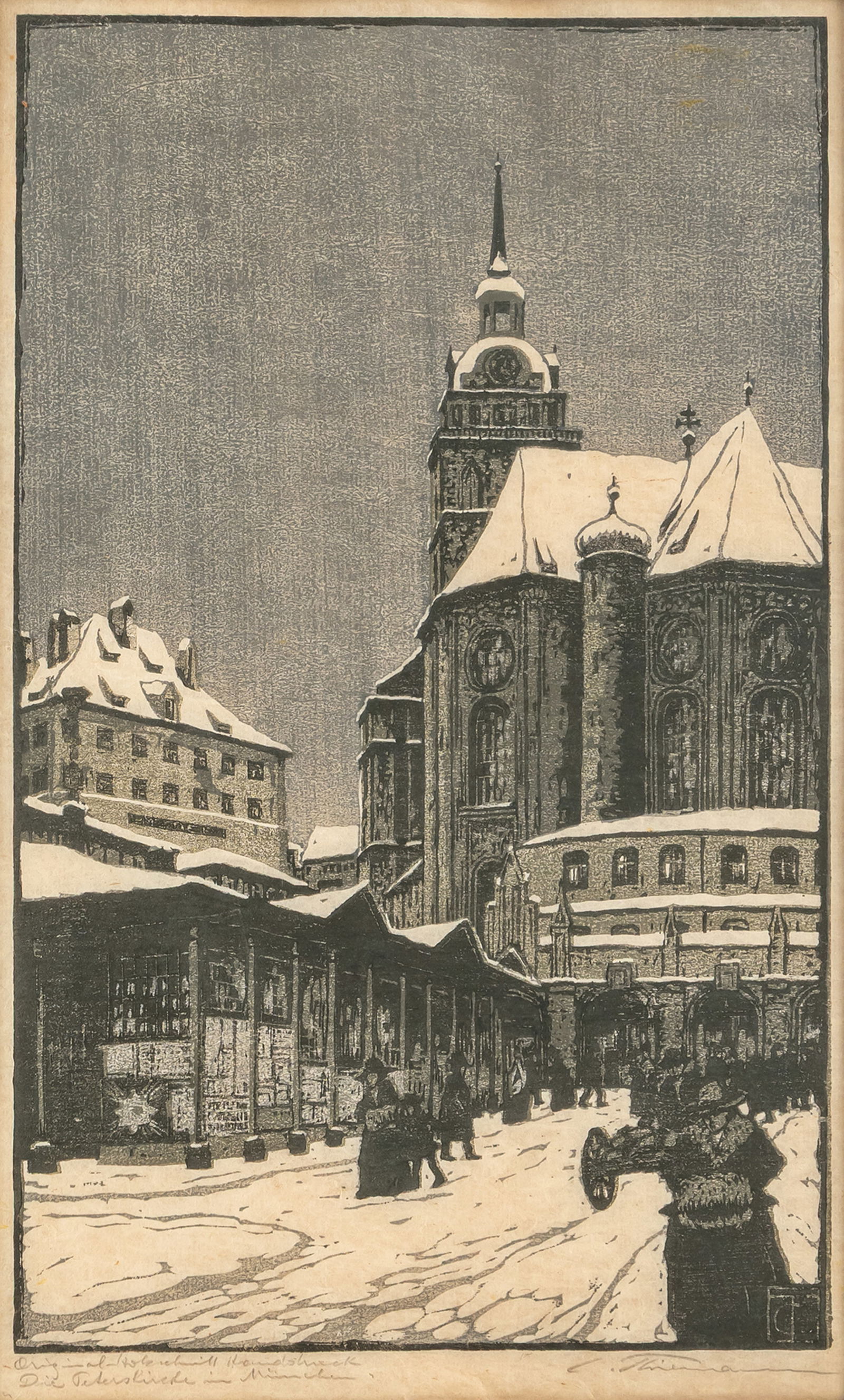 Thiemann, Carl: Thiemann, Carl Karlsbad, 1881 - 1966 35,5 x 22 cm, R. "Die Peterskirche in München", 1925. Woodcut on Japanese paper. Signed and inscribed "Original-Holzschnitt Handdruck". Corporate collection,