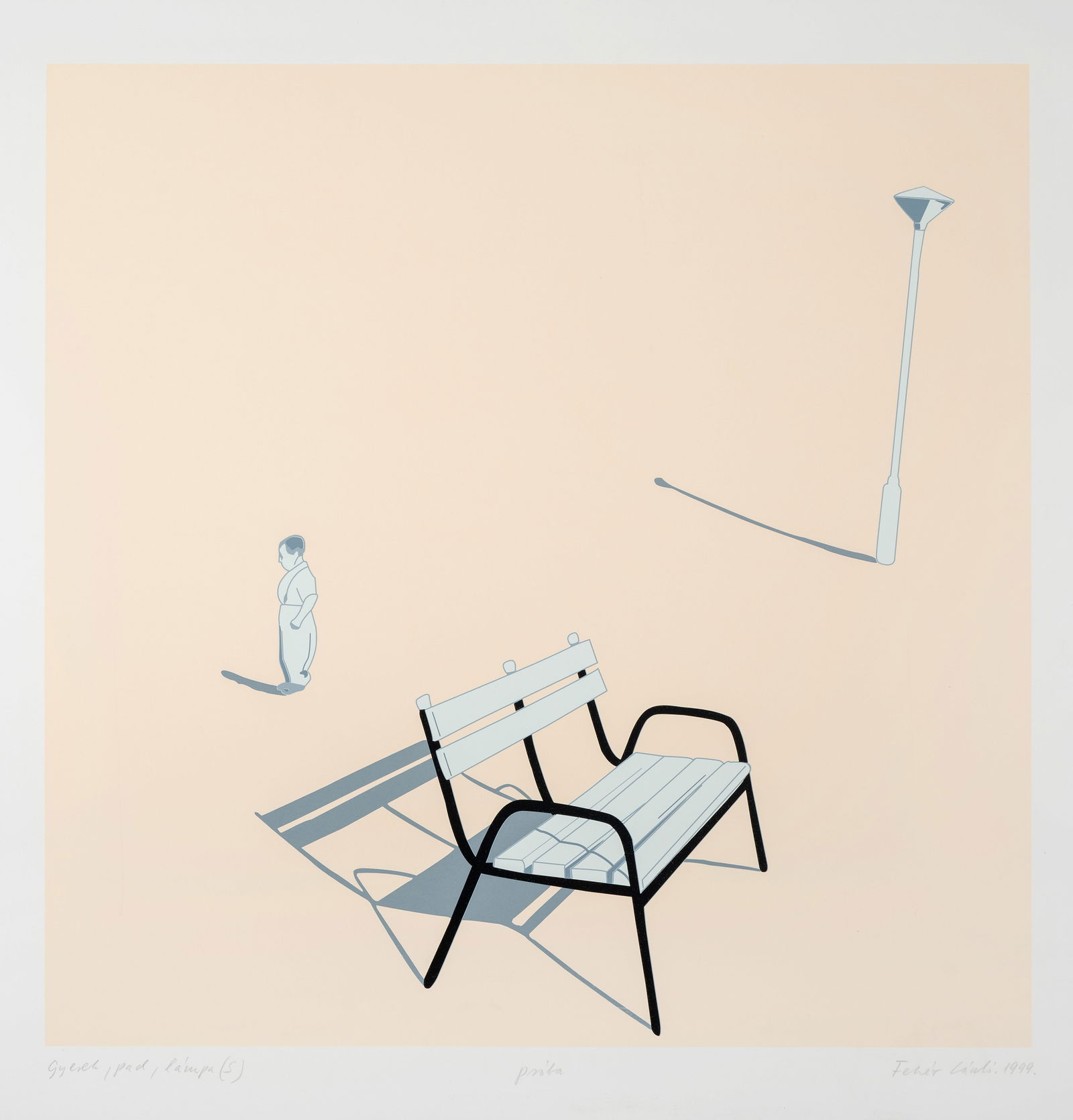 Fehér, László: Fehér, László Székesfehévár/Ungarn, 1953 60 x 60 cm, o. R. “Gyereh, pad, lámpa”, 1999. Silkscreen print on light cardboard. Signed and dated in pencil