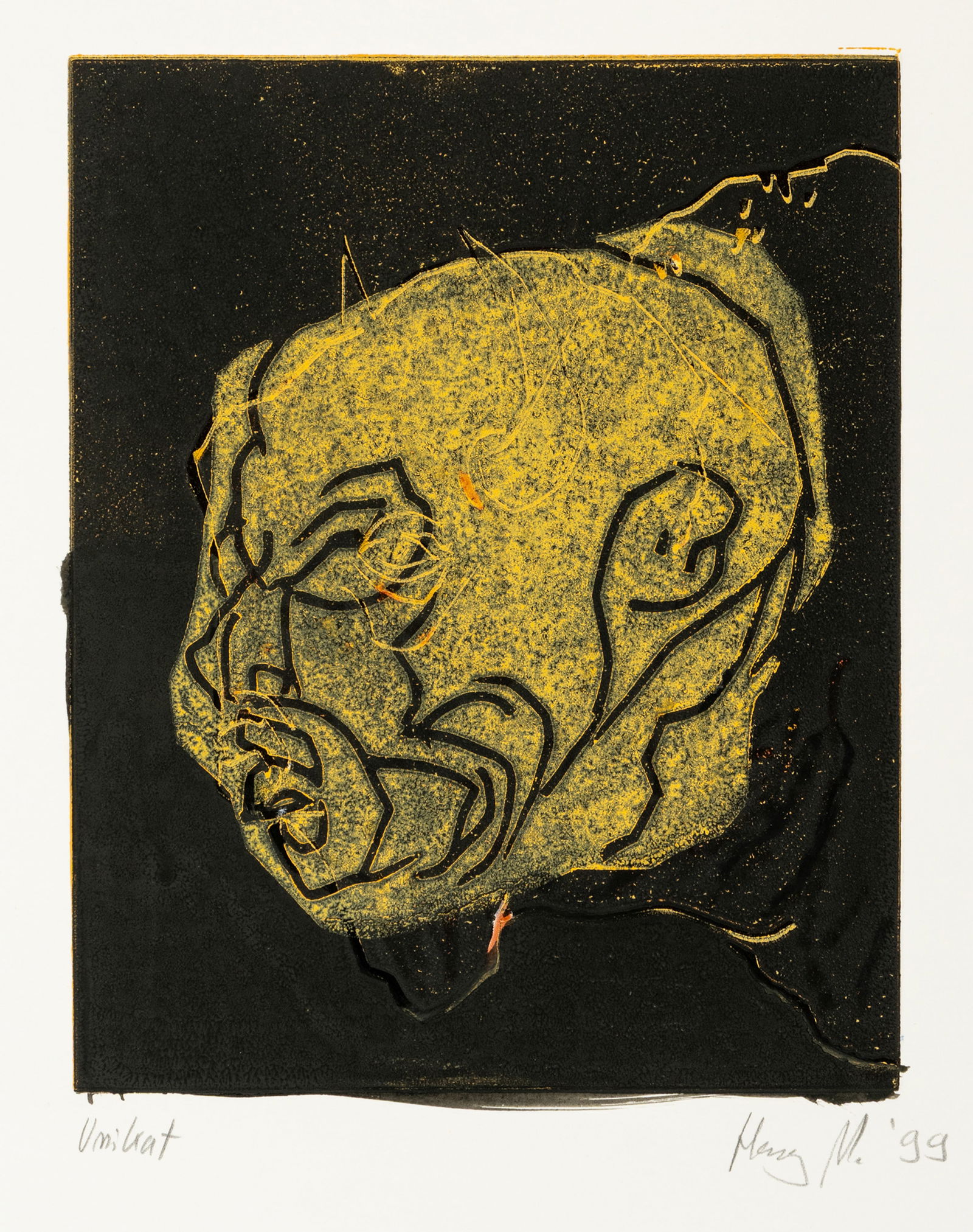 Meyer, Harry: Meyer, Harry Neumarkt/Oberpfalz, 1960 Blattgröße: 38,5 x 32,5 cm, o. R. Untitled, 1999. Linocut on wove paper. Signed, dated and marked "Unikat". Collection, Nordrhein-Westfalen.Meyer,