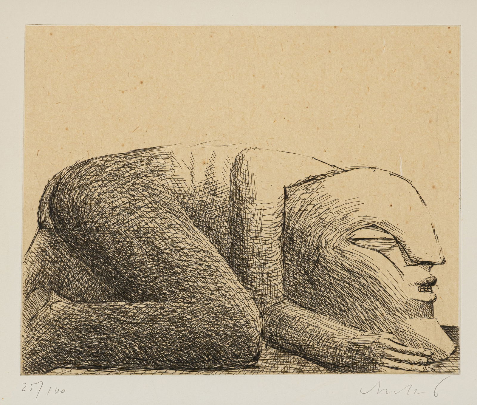 Antes, Horst: Antes, Horst Heppenheim, 1936 20 x 24,7 cm, R. "Kriechende Figur", 1968. Etching on rolled China paper, on wove paper. Signed and numbered 25/100. Private property, Nordrhein-Westfalen.Antes, Horst