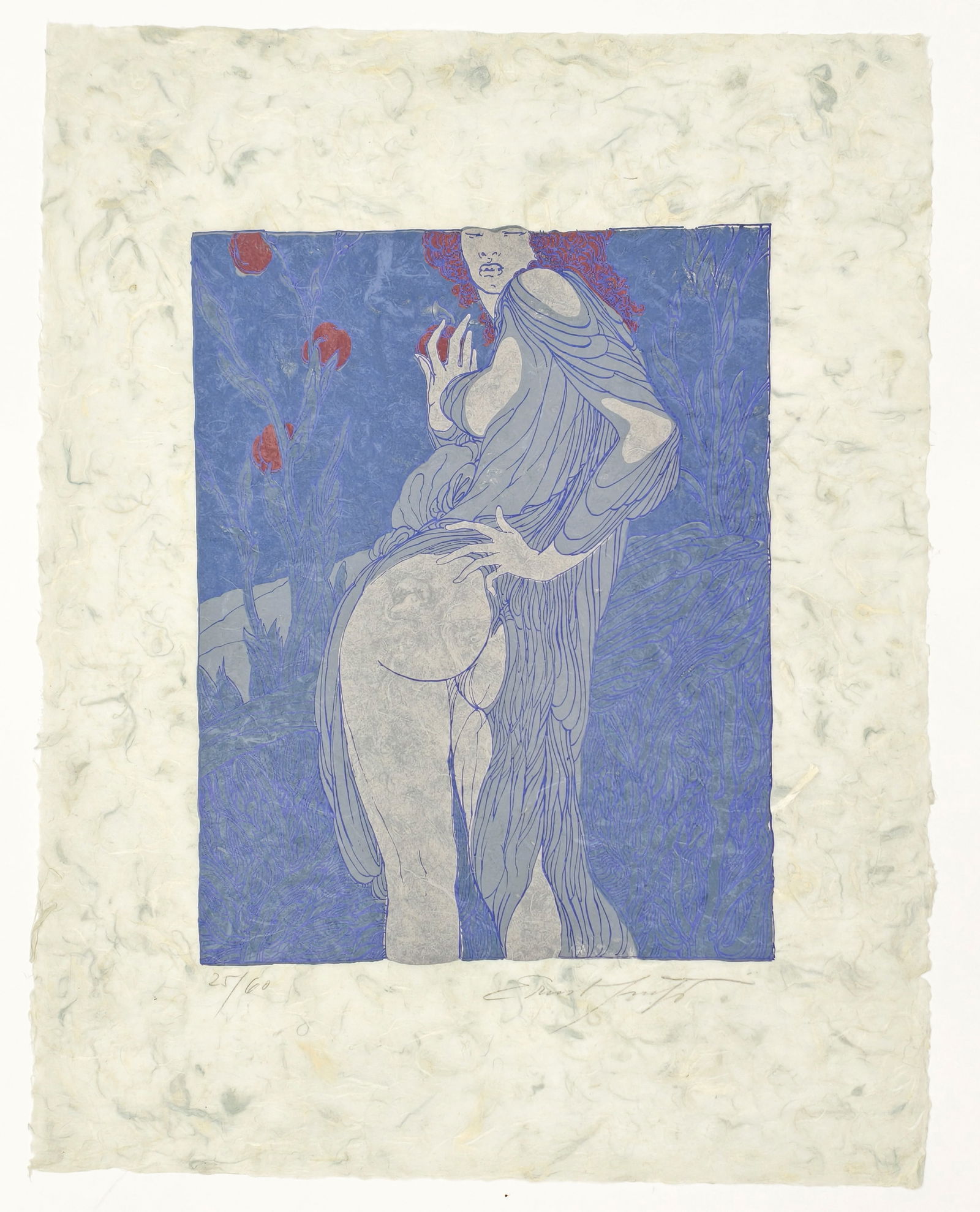 Fuchs, Ernst: Fuchs, Ernst Wien, 1930 - 2015 Blattgröße: 67 x 52 cm / 50 x 44,8 cm, o. R. 2 works: Standing female nude with fruit, n. d.; "Cosima", 1978. Silkscreen print on Japanese paper and